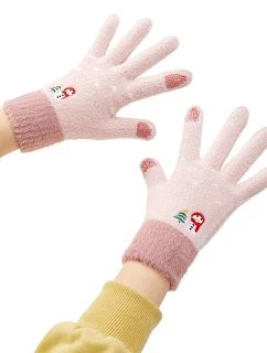 Dámské zimní rukavice na telefon se sněhulákem a vánočním stromkem - růžové dámské