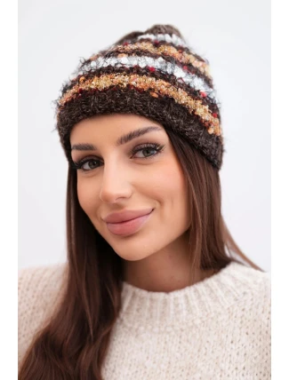 Dámská zimní čepice s barevným vláknem a elastickým stahováním K352 hnědá+bílá