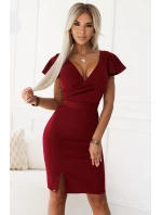 479-7 NINA elegantní šaty s obálkovým výstřihem, rukávy a páskem - Bordeaux