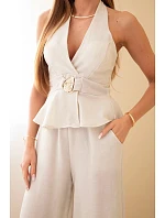 Dámská viskózová souprava s vázaným topem a kalhotami se širokými nohavicemi béžový Dámská viskózová souprava s vázaným topem a kalhotami se širokými nohavicemi béžový