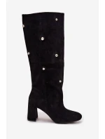 Kozaki Damskie Ocieplane Na Słupku Z Ozdobnymi Detalami Czarne Lucinda