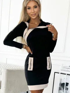 497-1 Dvoubarevné šaty se třemi zipy - černé a béžové