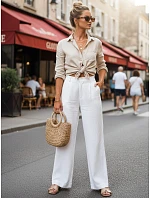 Dámské lněné kalhoty s širokými nohavicemi bílé FashionStreet UY3078