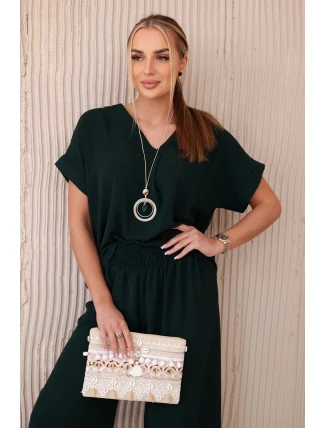 Komplet s náhrdelníkem halenka + kalhoty tmavě zelená Komplet s náhrdelníkem halenka + kalhoty tmavě zelená