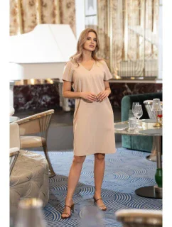S392 Šaty uvolněného střihu s výstřihem do V - béžové