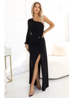658-1 Třpytivé maxi šaty na jedno rameno s asymetrickými rukávy a rozparkem - černé