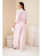Dámský bavlněný komplet s košilí na zavazování a širokými nohavicemi pudrově růžová