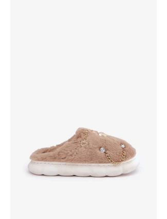 Futrzane Pantofle S Odznaky Tmavě Béžové Ivelfedi