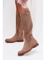 Dámské kozačky s krajkovým vzorem na plochém podpatku S.Barski HY61-8022 Béžové