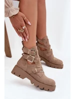 Dámské kotníkové boty s pásky a zlatými přezkami Helisse – béžové