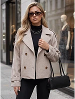 Krátký dámský dvouřadý kabát s výložkami, béžový, FashionStreet TY6030 Krátký dámský dvouřadý kabát s výložkami, béžový, FashionStreet TY6030