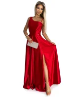 524-1 Dlouhé elegantní saténové šaty na jedno rameno - ČERVENÉ