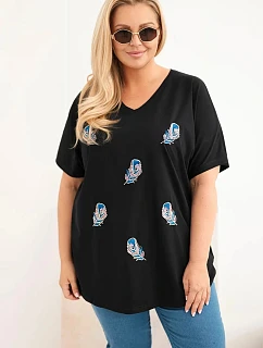 Dámská bavlněná halenka Plus Size s peříčky černá