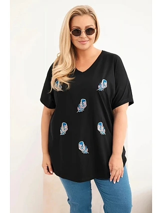 Dámská bavlněná halenka Plus Size s peříčky černá
