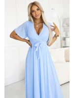 545-2 Dlouhé šaty se skládaným výstřihem a vázáním - MODRÉ