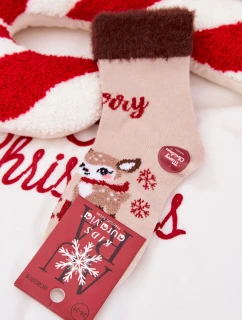 Vánoční dětské ponožky s kožíškem a sobem Vlna alpaka béžová