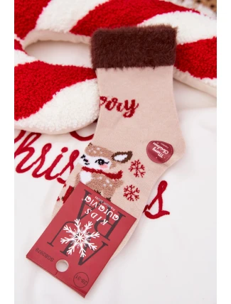Vánoční dětské ponožky s kožíškem a sobem Vlna alpaka béžová