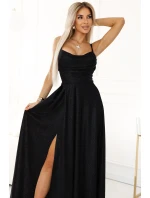 589-1 Dlouhé šaty s jemným třpytem a korzetovým zavazováním na zádech - ČERNÉ se třpytkami