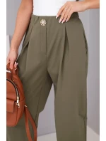 Dámské bavlněné kalhoty s vysokým pasem a ozdobným knoflíkem khaki