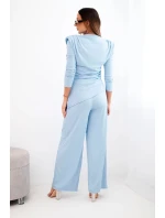 Dámský bavlněný komplet s halenou a kalhotami s širokými nohavicemi modrý
