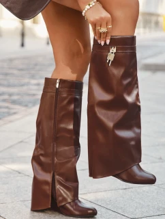 Dámské kozačky na platformě s páskem a stříbrným detailem 033 Hnědé - Korivelle