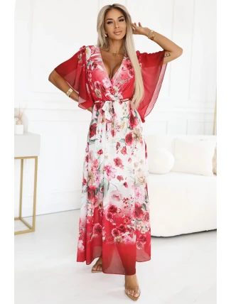 603-1 Vzdušné maxi šaty s obálkovým výstřihem a květinovým vzorem - RED ROSES 603-1 Vzdušné maxi šaty s obálkovým výstřihem a květinovým vzorem - RED ROSES