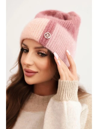 Dámská čepice barevná z viskózy s ozdobným knoflíkem růžová + pudrově růžová