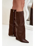 Dámské zateplené kozačky na jehlovém podpatku s vyhrnutou holení Tamonia – čokoládové, eko semiš