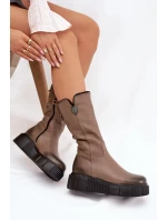 Dámské kožené kozačky Zazoo s vlnou – tmavě béžové