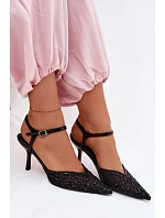 Dámské síťované sandály na podpatku s lesklým zdobením Černé Laria