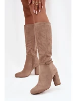 Dámské zateplené kozačky na sloupkovém podpatku se zlatou přezkou Seraphine – béžové