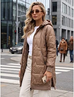 Dlouhá dámská prošívaná bunda s kapucí v barvě kamelové, FashionStreet TY5811 Dlouhá dámská prošívaná bunda s kapucí v barvě kamelové, FashionStreet TY5811
