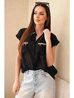 Dámská košile z tencelu s ozdobným límečkem a kapsami černá Dámská košile z tencelu s ozdobným límečkem a kapsami černá