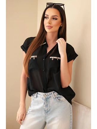 Dámská košile z tencelu s ozdobným límečkem a kapsami černá Dámská košile z tencelu s ozdobným límečkem a kapsami černá
