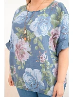 Dámská bavlněná blůzka Plus Size s krátkým rukávem a květinovým vzorem džínová Dámská bavlněná blůzka Plus Size s krátkým rukávem a květinovým vzorem džínová