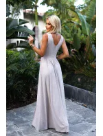 467-2 LOUISE dlouhé šaty s výstřihem a rozparkem na nohou - béžové s třpytkami