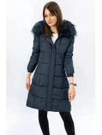 Tmavě modrá dámská prošívaná zimní bunda s kapucí (7757)