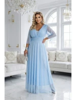 654-3 Dlouhé třpytivé plus size šaty s výstřihem a průhlednými rukávy - modré