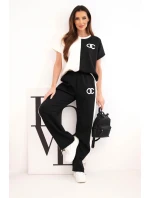 Dámský máslový komplet s oversize mikinou a širokými kalhotami ecru + černý