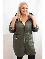 Dámská zimní prošívaná bunda Plus Size s podšívkou v leopardím vzoru a kapucí khaki