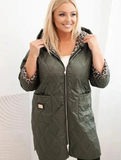 Dámská zimní prošívaná bunda Plus Size s podšívkou v leopardím vzoru a kapucí khaki