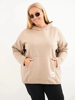 Dámská mikina Plus Size viskózová s kapucí a klokaní kapsou camelová