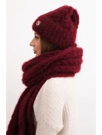 Dámská souprava čepice a šála s proužkem a ozdobou bordový Dámská souprava čepice a šála s proužkem a ozdobou bordový