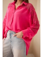 Dámská viskózová košile s krajkovými rukávy a límečkem růžová