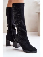 Zdobené dámské kozačky nad kolena zateplené na podpatku černé MR880-158