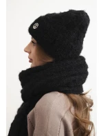 Dámská souprava čepice a šály s proužkem s ozdobou černý