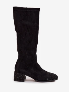 Dámské kozačky s ozdobou na hranatém podpatku Ivanna – černé