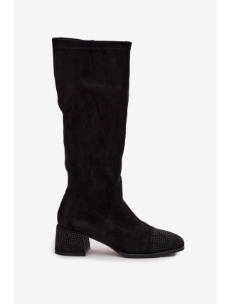 Dámské kozačky s ozdobou na hranatém podpatku Ivanna – černé