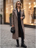 Dlouhý dámský dvouřadý kabát s páskem v barvě taupe, FashionStreet NY0779