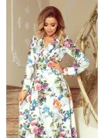 Dámské maxi šaty s volánkem, výstřihem a se vzorem barevných růží a světle modrých ptáčků model 7404387 Dámské maxi šaty s volánkem, výstřihem a se vzorem barevných růží a světle modrých ptáčků model 7404387